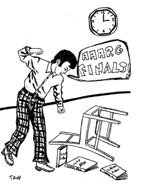 Illustration of person with raised fist, with a speech bubble stating, "AAARG FINALS." The person is looking down at books and a fallen chair nearby.