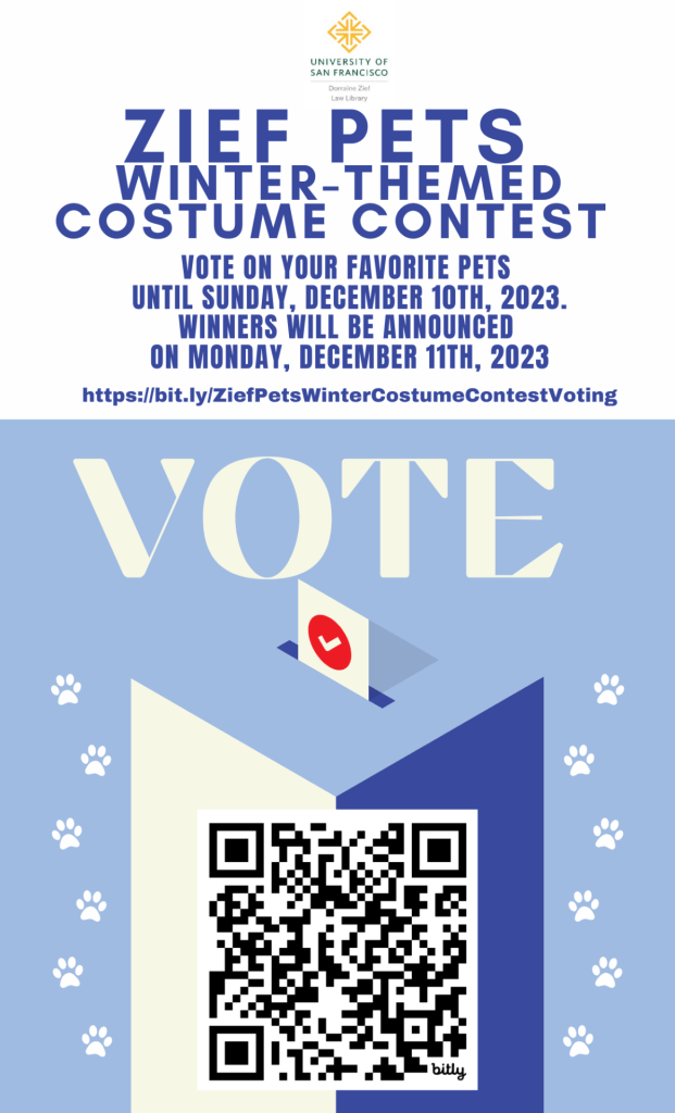 The image shows promotional material for Zief Pets Winter-Themed Costume Contest voting. The image imcludes a QR Code and a bitly link to access the voting Google Form. 